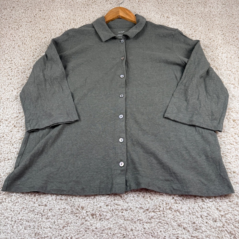 Pure Jill Button Front Top Women Large Petite Olive Hemp Cotton 3/4 Sleeve Exc